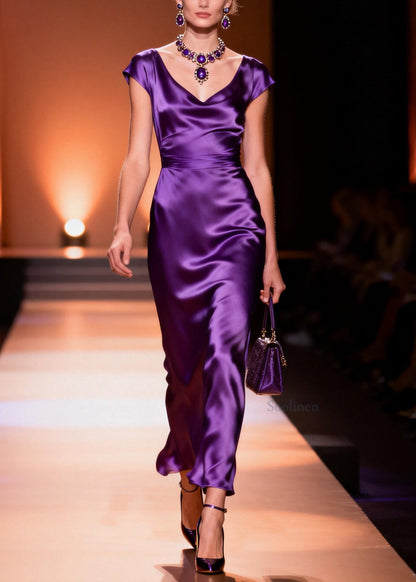Original Design Purple V Neck Silk Long Dress Summer