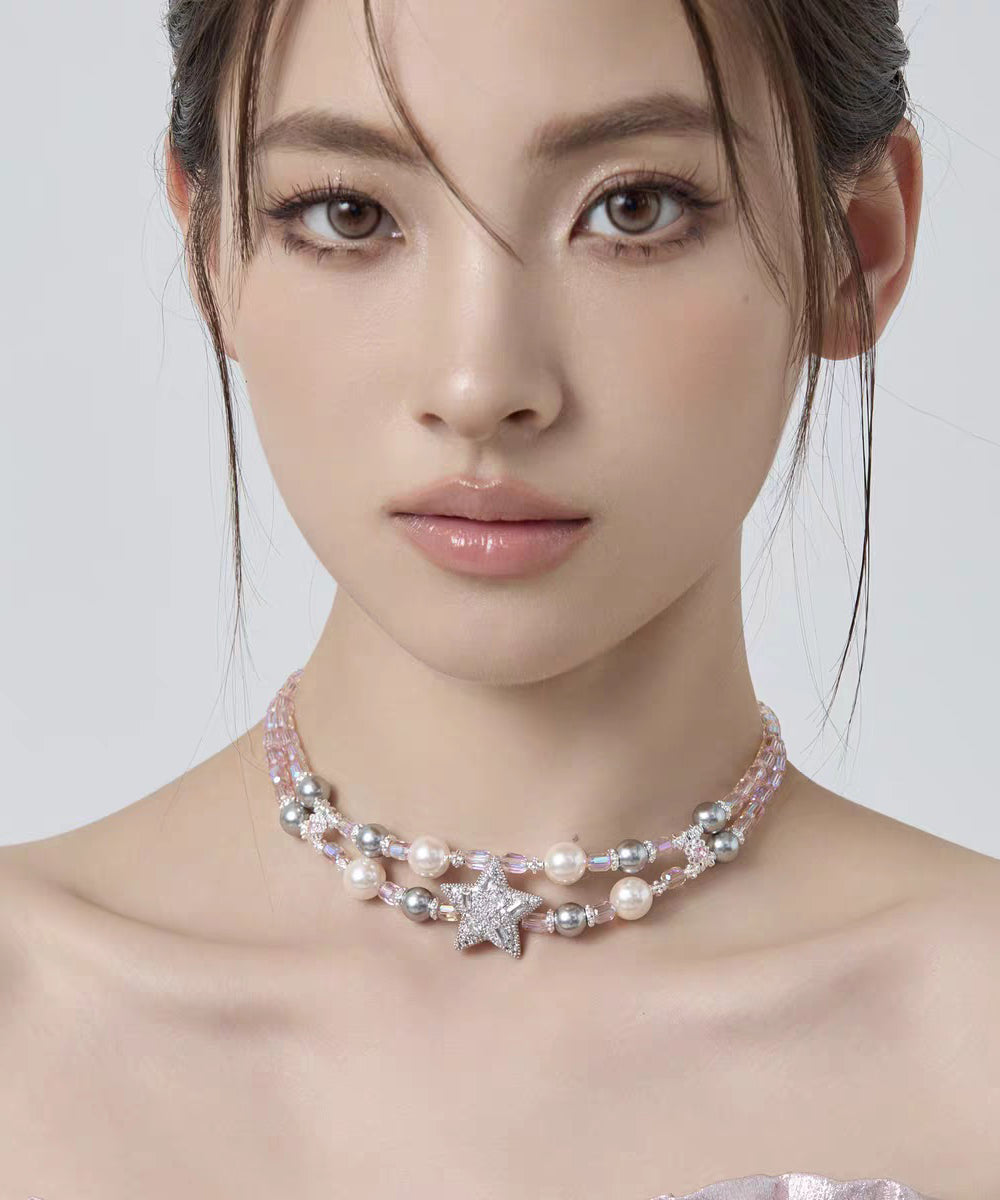 Original Design Rainbow Alloy Zircon Pearl Pentagram Double-Layer Princess Necklace