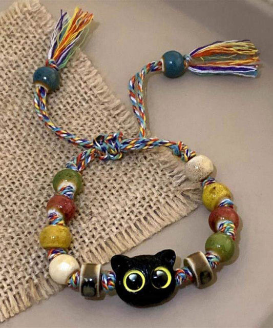 Original Design Rainbow Weave Cartoon Cats Ceramic Charm Bracelet