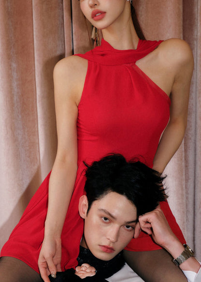 Original Design Red Cold Shoulder Wrinkled Chiffon Dress Sleeveless