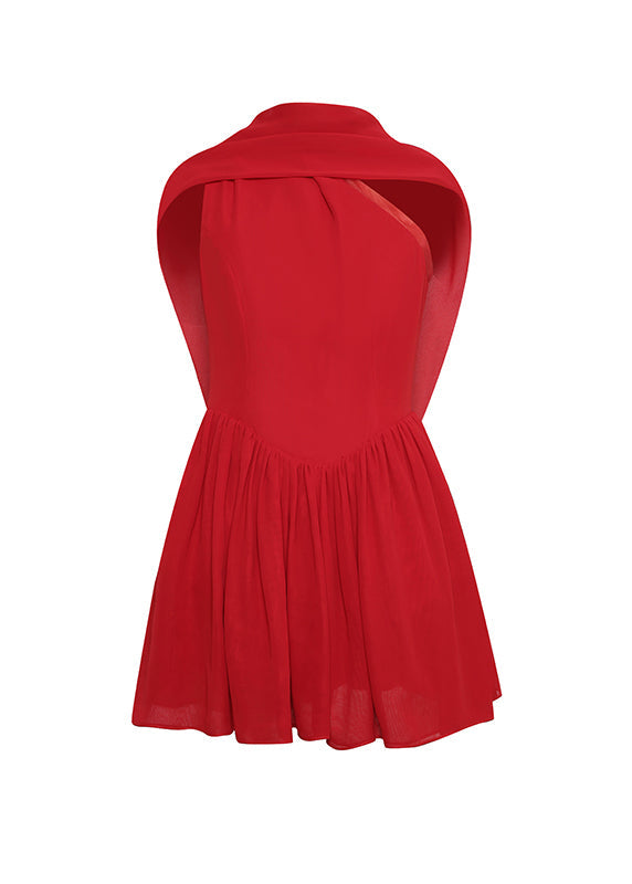 Original Design Red Cold Shoulder Wrinkled Chiffon Dress Sleeveless