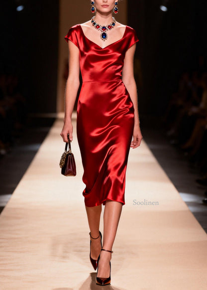 Original Design Red Draping Collar Silk Long Dress Summer
