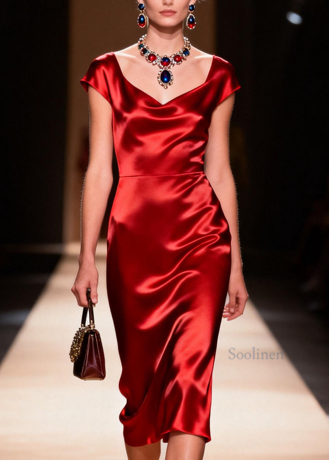 Original Design Red Draping Collar Silk Long Dress Summer