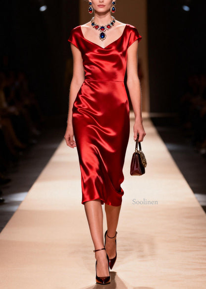 Original Design Red Draping Collar Silk Long Dress Summer