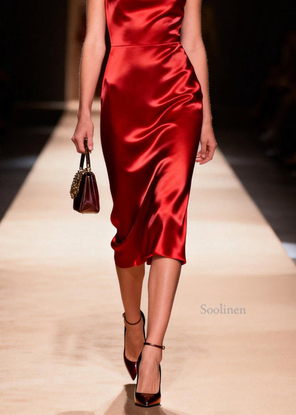 Original Design Red Draping Collar Silk Long Dress Summer