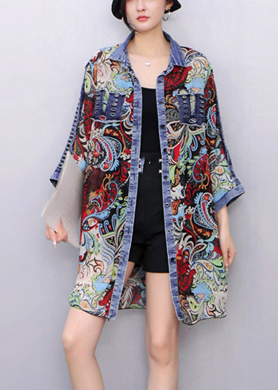 Original Design Red Print Button Denim Tops Fall