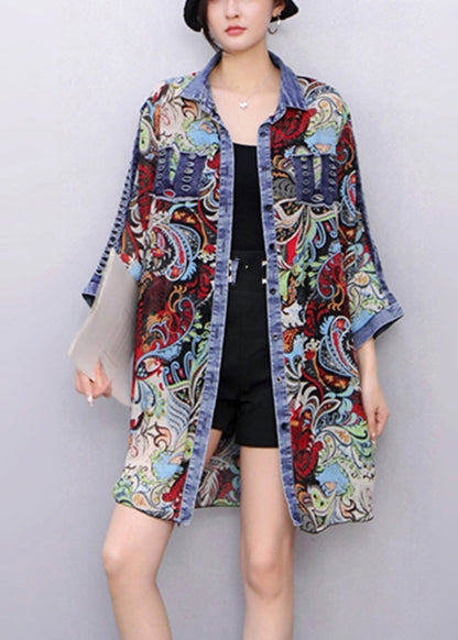 Original Design Red Print Button Denim Tops Fall