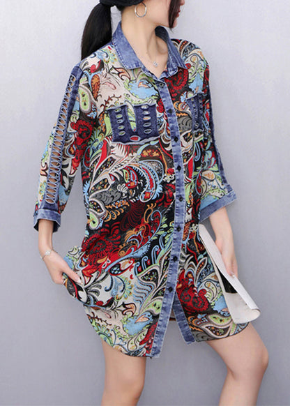 Original Design Red Print Button Denim Tops Fall