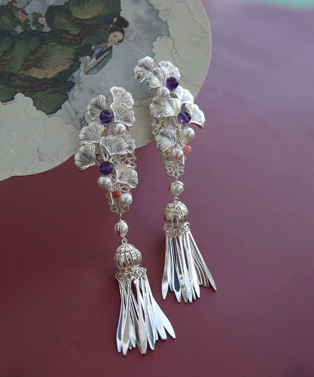 Original Design Silk Sterling Silver Ginkgo Tassel Hairpin
