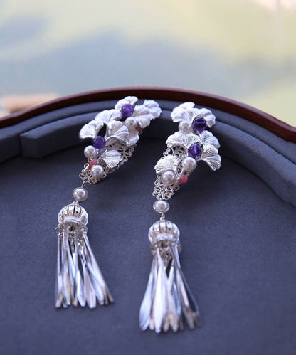 Original Design Silk Sterling Silver Ginkgo Tassel Hairpin