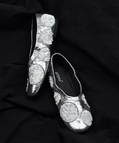 Original Design Silver Cowhide Leather Sequins Flat Shoes For Women