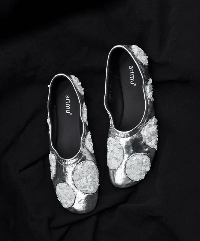 Original Design Silver Cowhide Leather Sequins Flat Shoes For Women