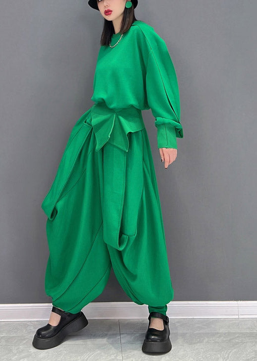 Original Design Solide Grün O-Ausschnitt Asymmetrische Lose Sweatshirts Top Und Harem Hosen Zwei Stück Set Langarm