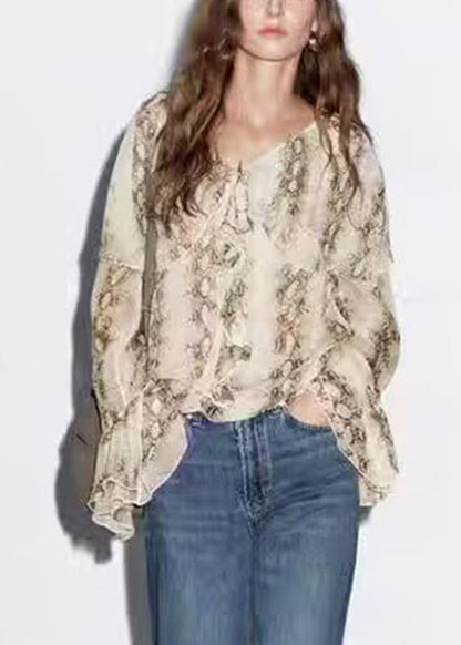 Original Design V Neck Print Chiffon Shirt Flare Sleeve