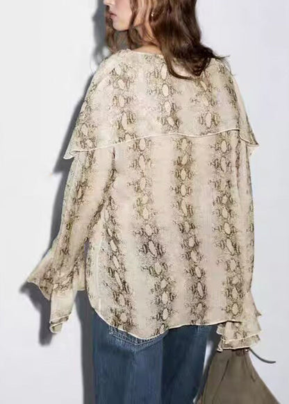 Original Design V Neck Print Chiffon Shirt Flare Sleeve