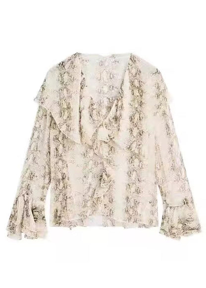 Original Design V Neck Print Chiffon Shirt Flare Sleeve