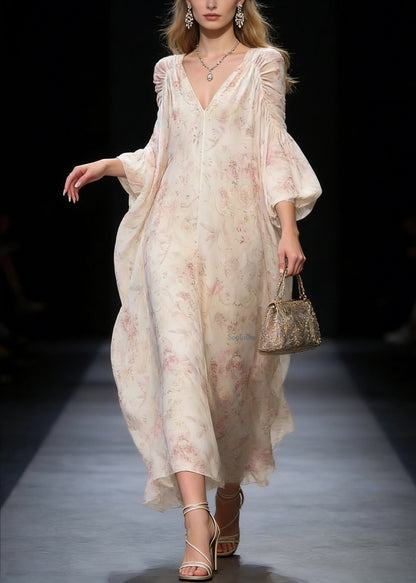 Original Design V Neck Print Wrinkled Chiffon Long Dress Spring