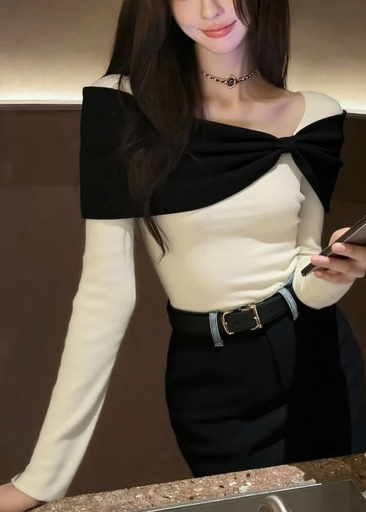 Suéter de punto con diseño original de patchwork y lazo blanco para invierno