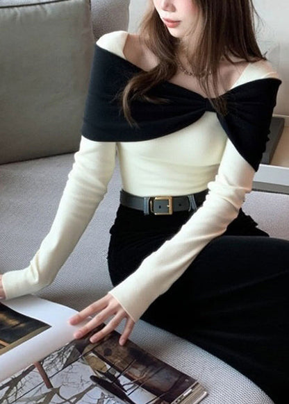 Suéter de punto con diseño original de patchwork y lazo blanco para invierno