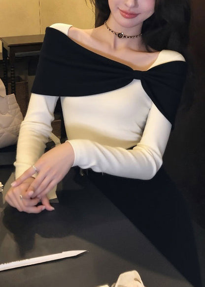 Suéter de punto con diseño original de patchwork y lazo blanco para invierno