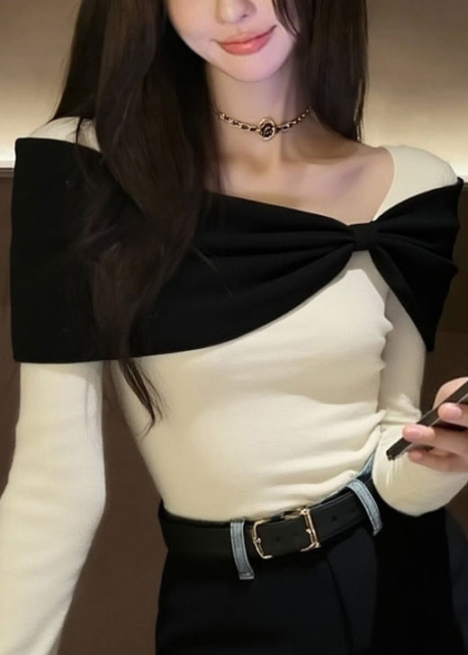 Suéter de punto con diseño original de patchwork y lazo blanco para invierno