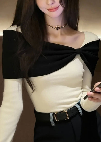 Suéter de punto con diseño original de patchwork y lazo blanco para invierno