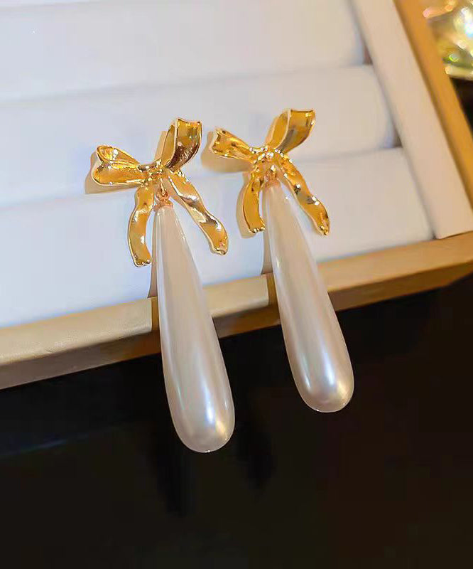 Original Design White Copper Overgild Bow Pearl Water Droplet Drop Earrings