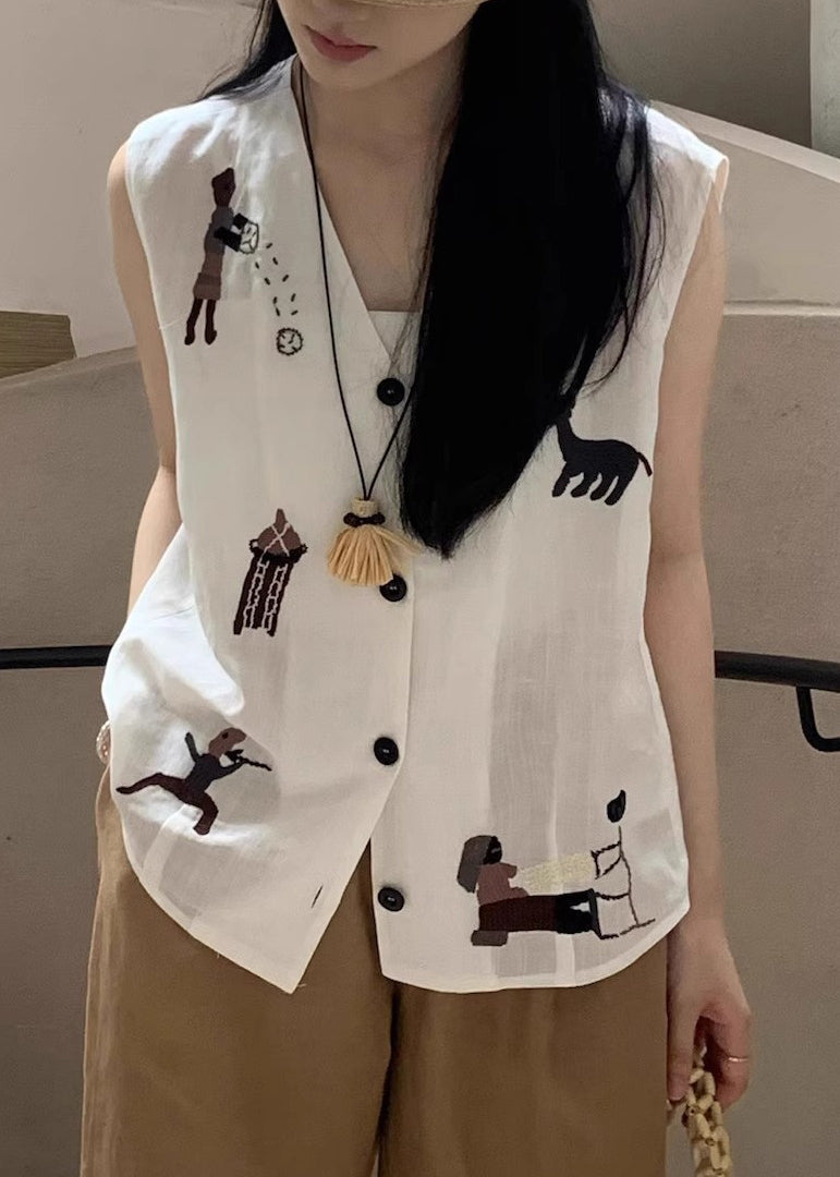 Ärmelloses, weißes Baumwolltop mit Stickerei und Knöpfen im originellen Design
