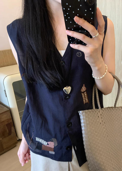 Ärmelloses, weißes Baumwolltop mit Stickerei und Knöpfen im originellen Design