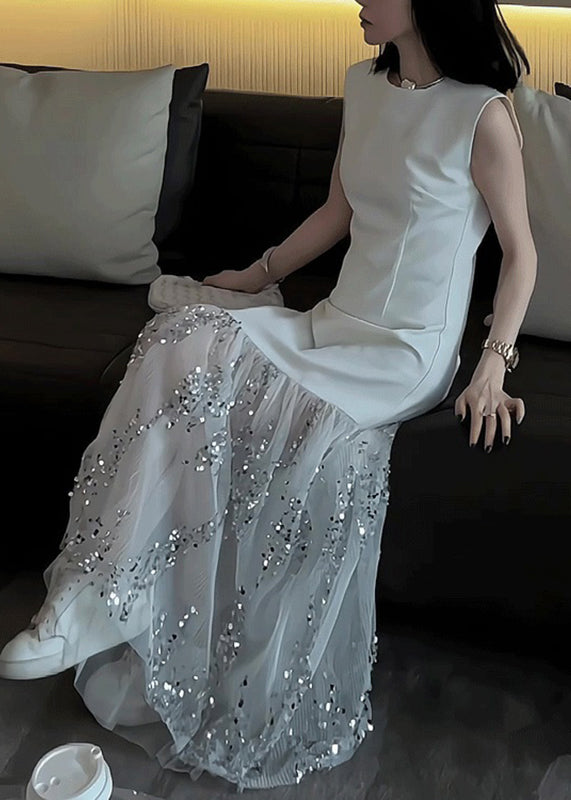 Original Design White Long Dress Summer Tulle Patchwork