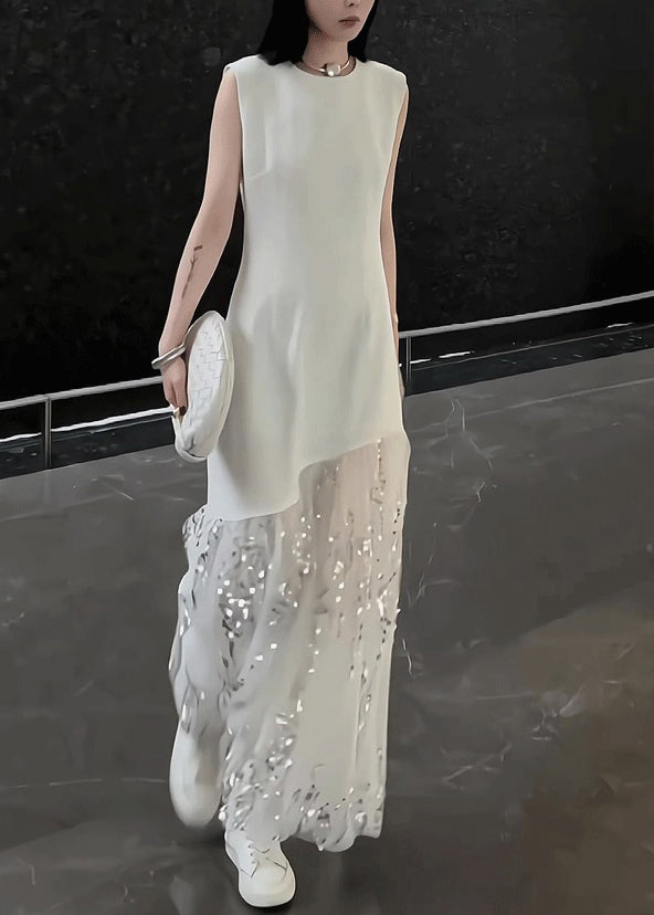 Original Design White Long Dress Summer Tulle Patchwork