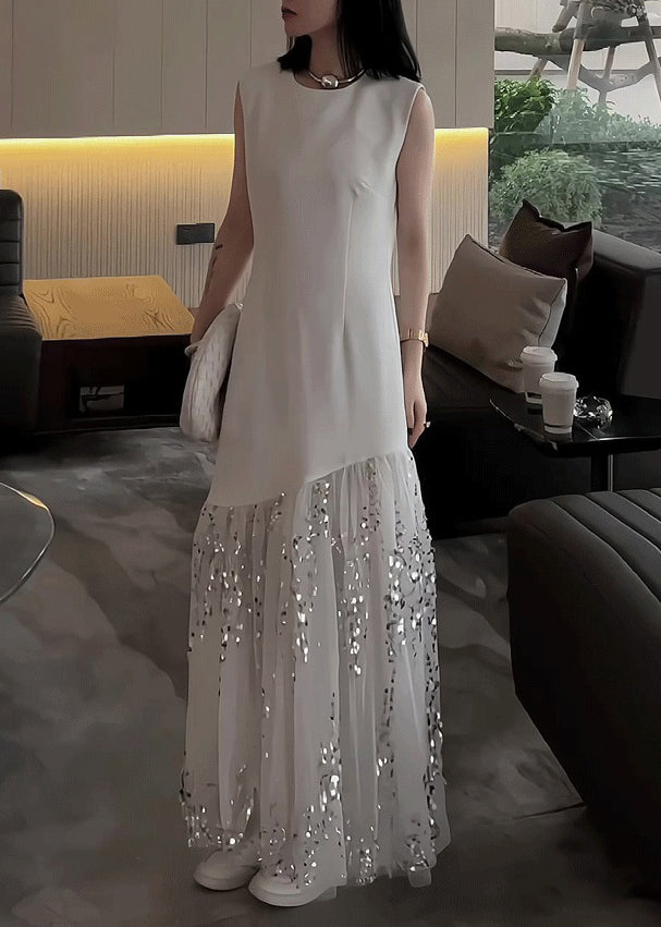 Original Design White Long Dress Summer Tulle Patchwork