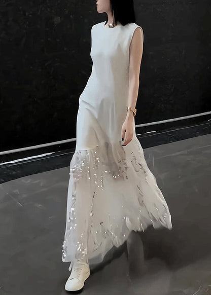 Original Design White Long Dress Summer Tulle Patchwork