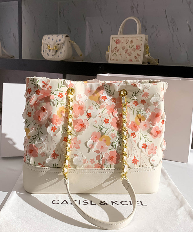 Original Design White Pink Flowers Faux Leather Shoulder Bag