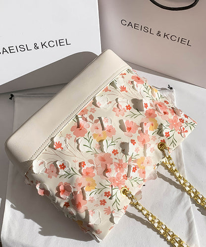 Original Design White Pink Flowers Faux Leather Shoulder Bag