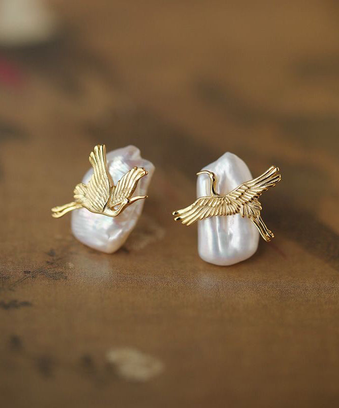 Pendientes de grulla coronada roja con perla blanca de acero inoxidable de diseño original