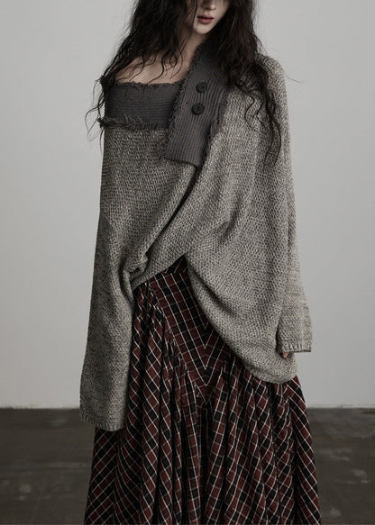 Suéter de punto gris claro con cuello grande irregular de invierno de diseño original