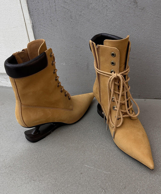 Original Design Yellow Pointed Toe Lace Up Faux Leather Wedge Boots