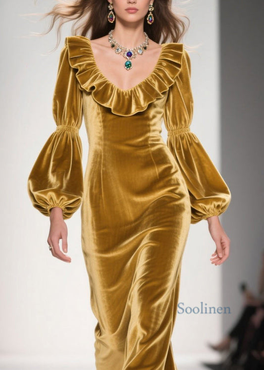 Original Design Gelbes langes Samtkleid mit Rüschen und Patchwork-Muster für den Frühling