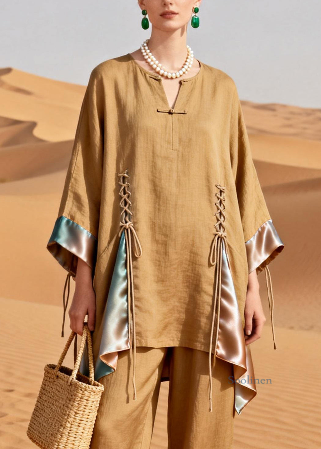 Original DesignKhaki Lace Up Patchwork Silk Linen Two Pieces Set