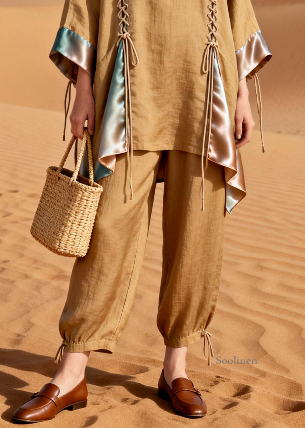 Original DesignKhaki Lace Up Patchwork Silk Linen Two Pieces Set