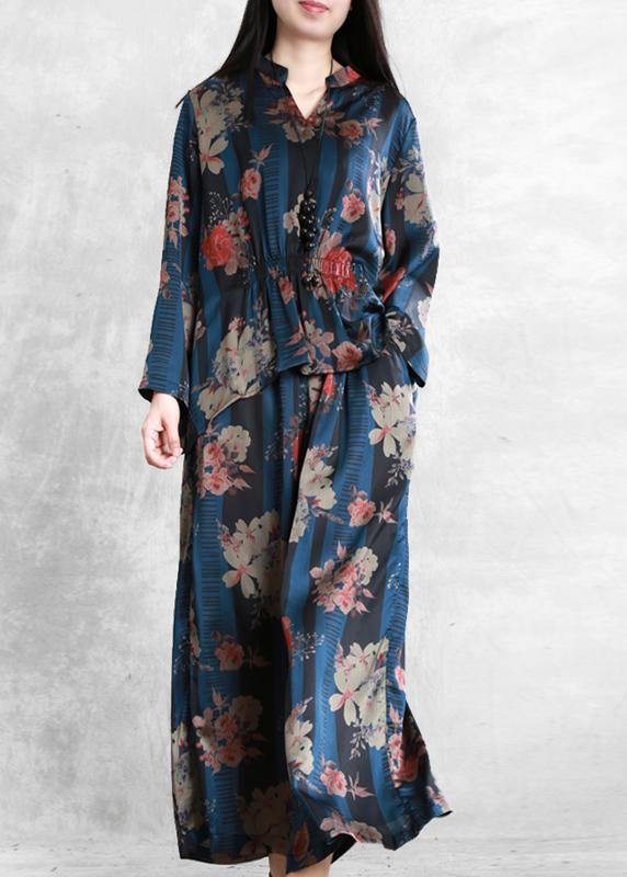 Original Elegant Silk Blue Print Set Loose V-Neck Top + Casual Wide Leg Pants - SooLinen