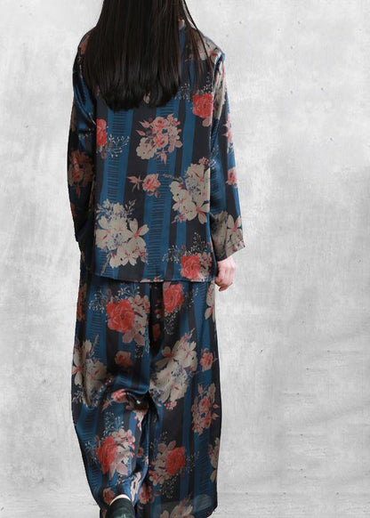 Original Elegant Silk Blue Print Set Loose V-Neck Top + Casual Wide Leg Pants - SooLinen