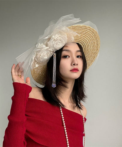 Original French Lace Flower Tulle Tassel Straw Woven Hat