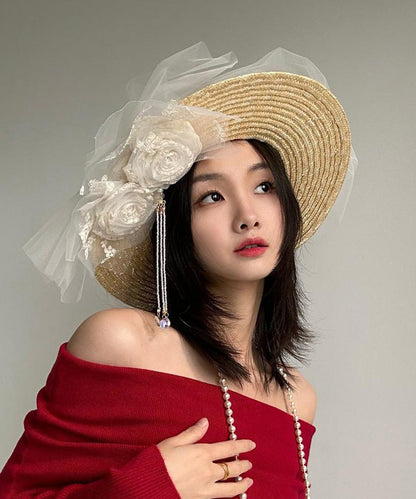 Original French Lace Flower Tulle Tassel Straw Woven Hat