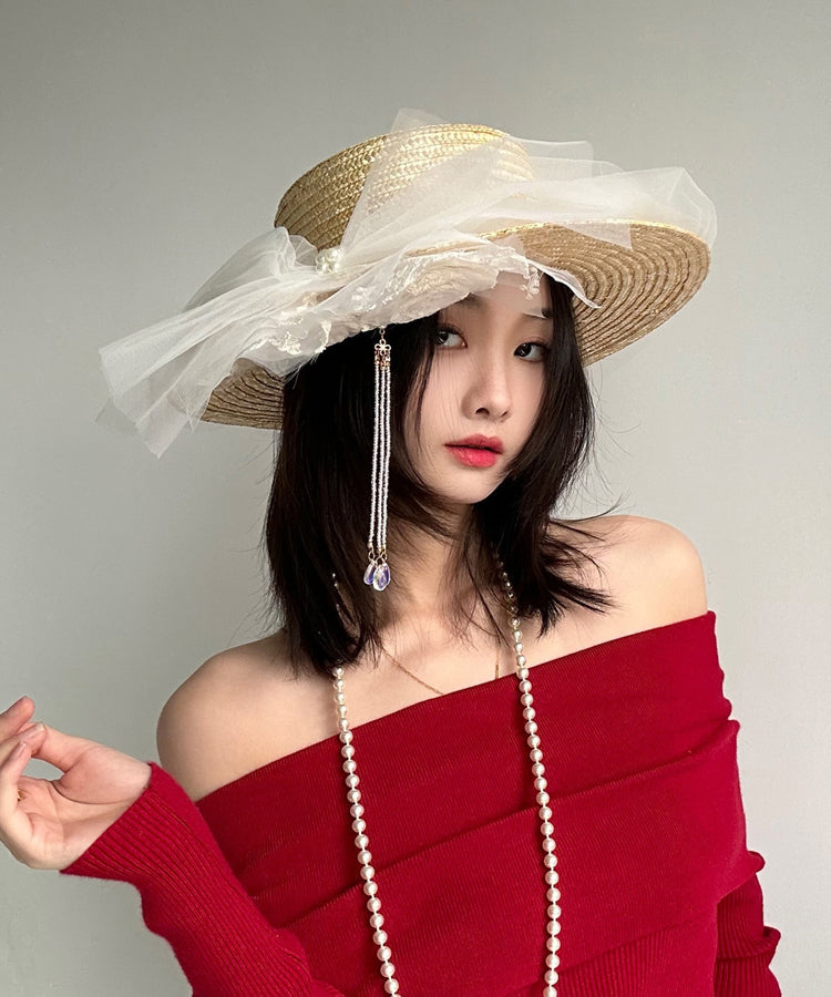 Original French Lace Flower Tulle Tassel Straw Woven Hat