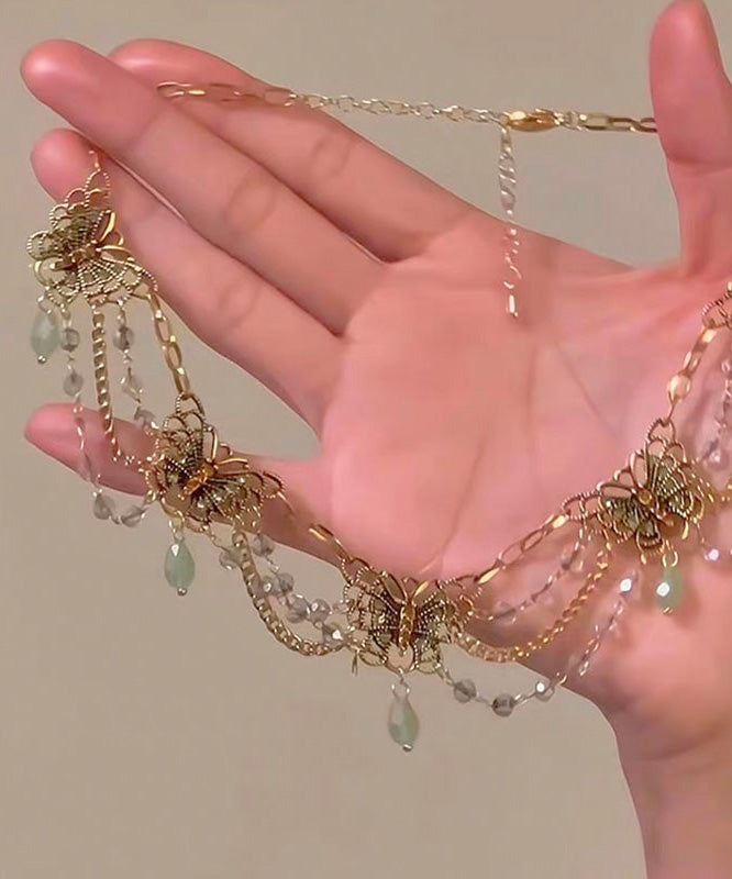 Collar con colgante de mariposa con borla y circonitas doradas en plata de ley verde original