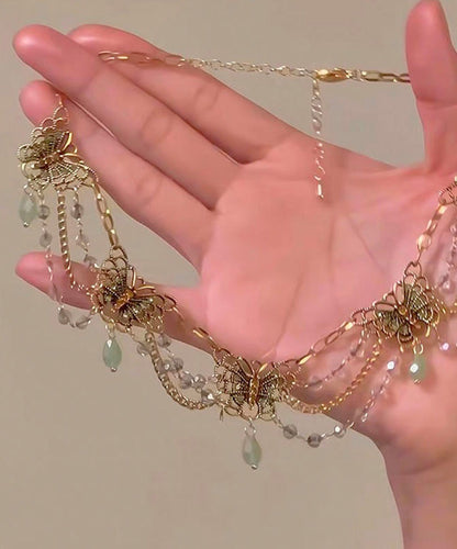 Collar con colgante de mariposa con borla y circonitas doradas en plata de ley verde original