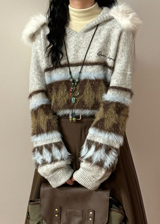 Original Grey Hooded Hole Fluffy Patchwork Knit Sweater Winter