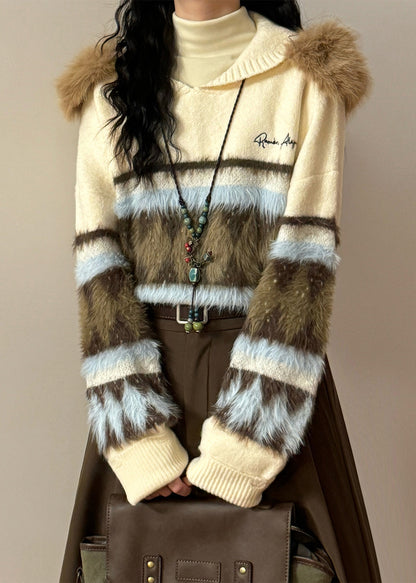 Original Grey Hooded Hole Fluffy Patchwork Knit Sweater Winter